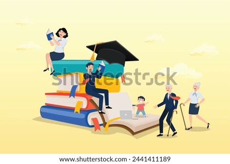 People in different age reading new books and study online on book stacked, Lifelong learning, self study to motivate and improve skill development, continue learn new knowledge for life long (Vector)