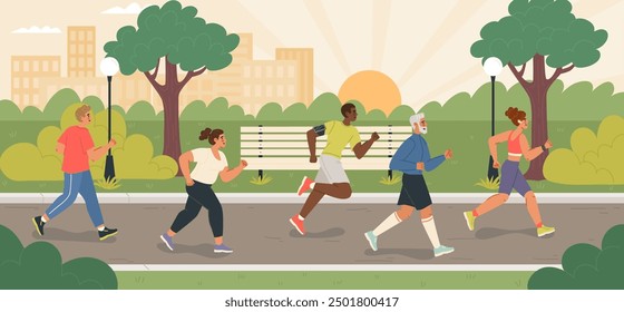 People of different age running in park during morning time