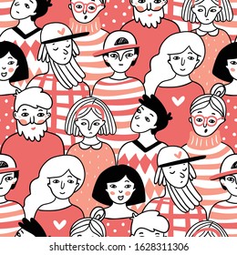 People Of Different Age. Seamless Pattern In Doodle Style. Positive And Negative Thinking. Psychology. Vector Repeated Background.