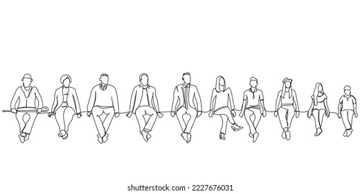 People of different age sitting together line art. Diversity acceptance and togetherness concept. Positive psychology. New and older generations. Men and woman at different stages in their lives.