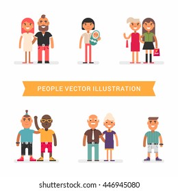 People of different age and status.. Couples, friends, single. a set of colored flat vector illustration isolated on white background 