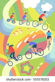People of different age and style riding a bicycle on decorative background. Healthy lifestyle illustration.Cycling poster. Editable vector format. 