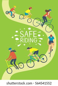 People of different age and style riding a bicycle wearing helmets. Safety on the roads. Healthy lifestyle illustration. Editable vector format. 