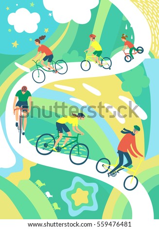 People of different age and style riding a bicycle on decorative background. Healthy lifestyle illustration.Cycling poster. Editable vector format. 