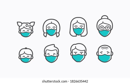 People of different age wearing face mask. Vector line icons of grandmother, children and adult use protective respirators. 