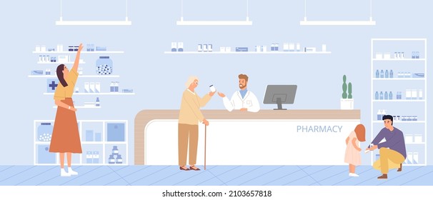 People of different ages buy medicines in the pharmacy.