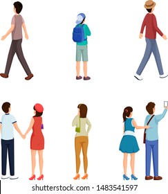 People of different ages characters set. Men in casual clothes, young woman with purse, male schoolboy with rucksack back view. Romantic couples holding hands, dating, making selfie