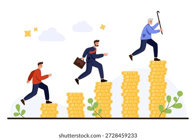 People of different ages climbing stacks of coins representing financial growth, income increase, and savings accumulation through various life stages isolated on white background vector illustration