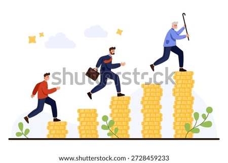 People of different ages climbing stacks of coins representing financial growth, income increase, and savings accumulation through various life stages isolated on white background vector illustration