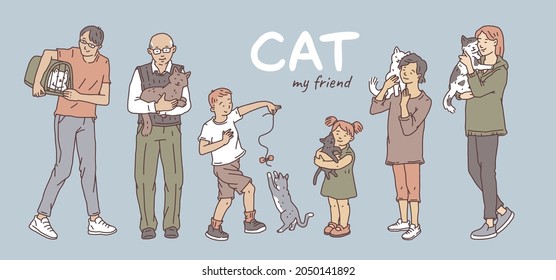People of different ages with domestic cats. Poster with not pedigreed outline doodle vector pets.