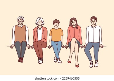 Personas de diferentes edades vestidas con estilo informal se sientan en fila y miran la pantalla. Hombres y mujeres jóvenes y viejos de una gran familia pasan tiempo juntos con una sonrisa. Ilustración vectorial plana