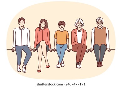 People of different ages dressed in casual style sit in row and look at screen. Young and old men and women from one big family spend time together with smile. Flat vector illustration