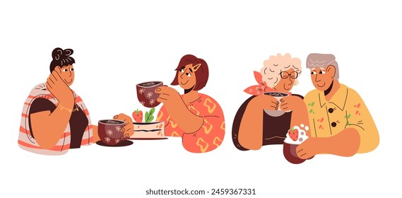 People of different ages drink coffee and eat dessert while having a conversation, flat vector illustration isolated on a white background. People have a friendly meeting in a cafe or coffee shop.