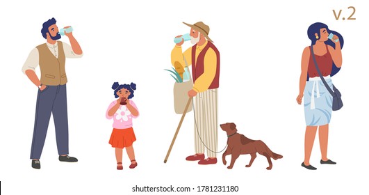 People of different ages drinking water, vector flat isolated illustration. Young man and woman, girl kid, grandfather feeling thirsty, drinking clean fresh water from plastic bottles, glass and cup.