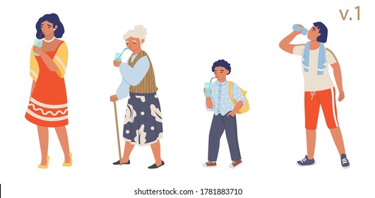 People of different ages drinking water, vector flat isolated illustration. Young man and woman, schoolboy, grandmother drinking pure fresh water from plastic bottle and glasses with straws.