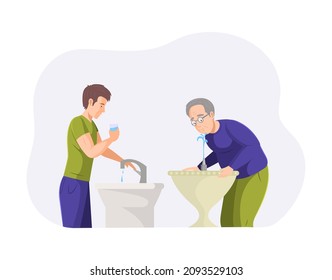 People Different Ages Drinking Water. Elderly, Man Quench Thirst With Refreshing Pure Beverage. Person Drink Aqua From Public Fountain, Home Plumbing, Sink Cartoon Vector