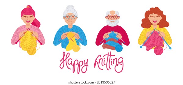 People of different ages, female and male, knit things on the needles. Knitting, hobby, craft, handmade. Vector illustration, character set, cartoon, lettering. Sticker, icon, symbol, design element