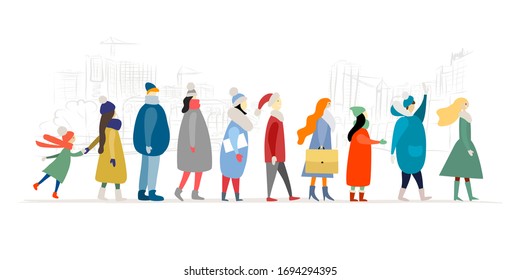 People of different ages and gender stand in line. Flat style characters. Use for illustration queue at the bank, hospital, store etc. Winter season. Vector illustration