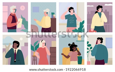 People of different ages and genders talking on mobile phone, set of vector illustrations. Collection of posters or cards with men and women making phone calls.