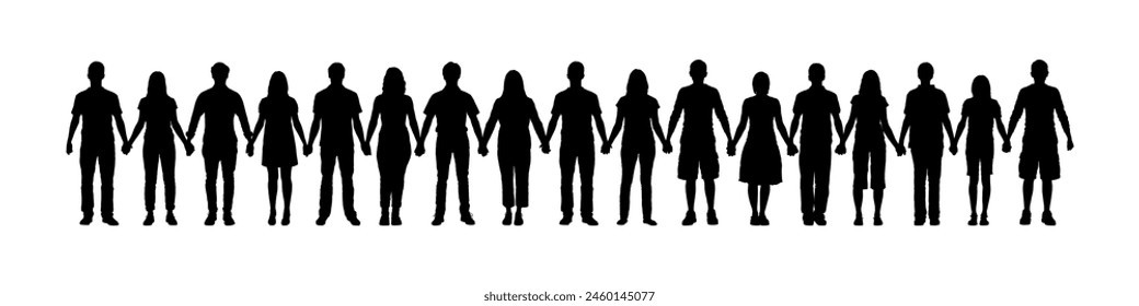 People different ages holding hands together vector silhouette. Human people chain black silhouettes set.	