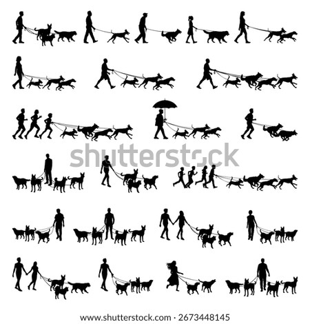 People different ages holding leash on dogs in different poses various activities with dogs vector silhouette set collection.	