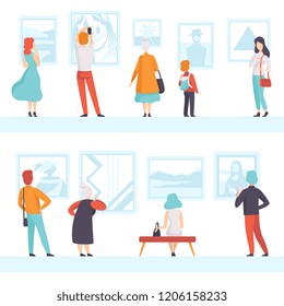 People of different ages looking at the pictures hanging on the wall, exhibition visitors viewing museum exhibits at art gallery, back view vector Illustration on a white background