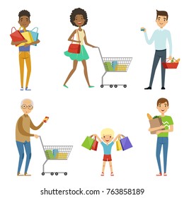 People of different ages make shopping. Vector characters isolate on white. Characters people with purchase, customer in market with product illustration