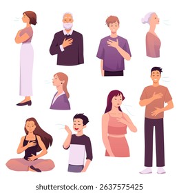 People different ages making calm breathing exercise. Breathe out and in, holding chest and stomach with eyes closed. Vector flat illustrations set isolated on white. Healthy yoga practice