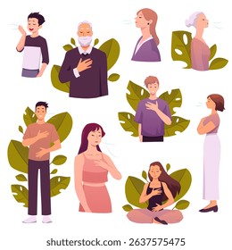 People different ages making calm breathing exercise on floral backdrop. Breathe out in, holding chest and stomach with eyes closed. Vector flat illustration isolated on white. Healthy yoga practice