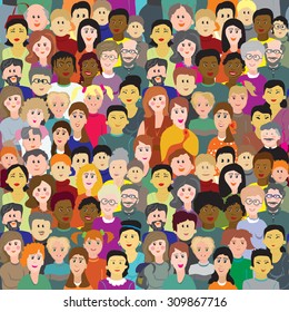 A lot of people of different ages and nationalities in colorful clothes. Vector seamless background. It can be used as an illustration