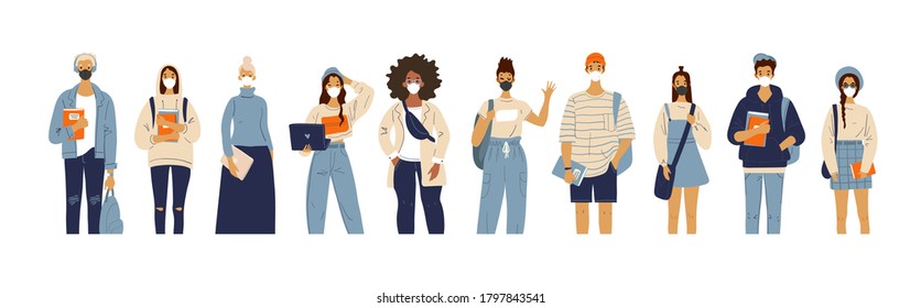 People of different ages and nationalities with medical masks on their faces. Protection against infections and viruses. Flat vector illustration. Protective measures during the coronavirus epidemic.