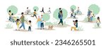 People of different ages and nationalities on a walk in the park. Families with children, old and young couples, friends spend time together. Vector horizontal illustration.