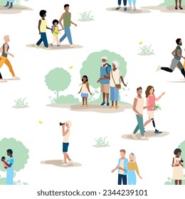 People of different ages and nationalities on a walk in the park. Families with children, old and young couples, friends spend time together. Seamless pattern. Vector background.