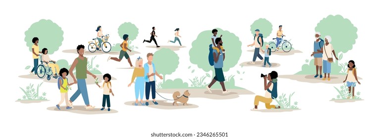 People of different ages and nationalities on a walk in the park. Families with children, old and young couples, friends spend time together. Vector horizontal illustration.