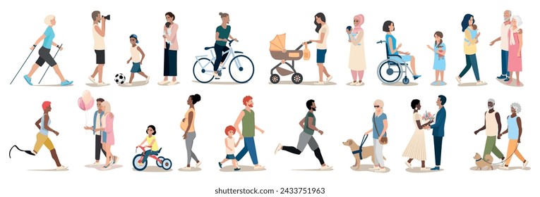 People of different ages and nationalities on a walk. Families with children, old and young couples, mothers with children, athletes, friends spend time together. Big vector set of active people.