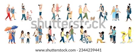 People of different ages and nationalities on a walk. Families with children, old and young couples, friends spend time together. Big vector set of walking people isolated on white background.