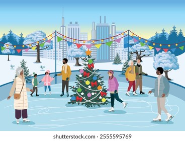 People of different ages and nationalities skate on the ice rink outdoors. Active winter sports and recreation. Vector illustration on a white background.