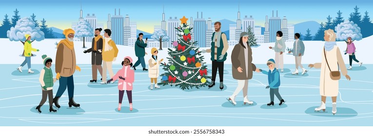 People of different ages and nationalities skate on the ice rink outdoors. Active winter sports and recreation. Vector illustration on a white background.