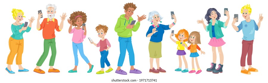 People of different ages and nationalities with smartphones in their hands. They take selfies, talk, use the Internet. Banner in cartoon style. Isolated on white background. Vector flat illustration