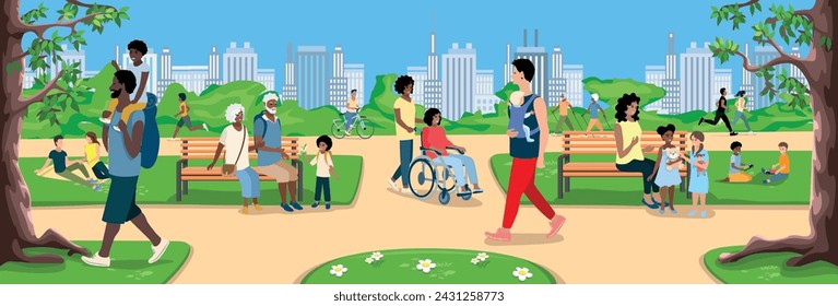 People of different ages and nationalities take a walk in the park. Families with children, elderly and young couples, friends spend time together. Vector horizontal illustration.