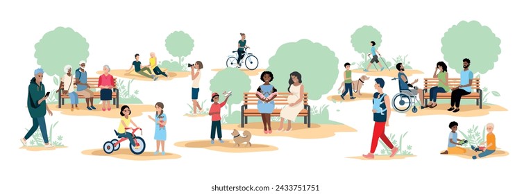 People of different ages and nationalities take a walk in the park. Families with children, elderly and young couples, friends spend time together. Vector horizontal illustration.