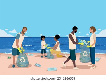 Menschen unterschiedlichen Alters und Nationalitäten ehrenamtlich bereinigen Plastikmüll am Strand. Kümmere dich um die Umwelt. Sortieren, Recycling und Abfallbeseitigung. Vektorgrafik