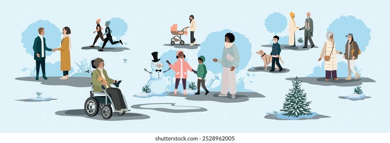 Personas de diferentes edades y nacionalidades caminan en el parque invernal. Familias con niños, parejas mayores y jóvenes, amigos pasan tiempo juntos. Vector ilustración Horizontal.