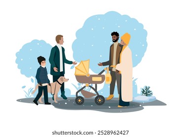 People of different ages and nationalities walk in the autumn park. Families with children, elderly and young couples, friends spend time together. Vector horizontal illustration.