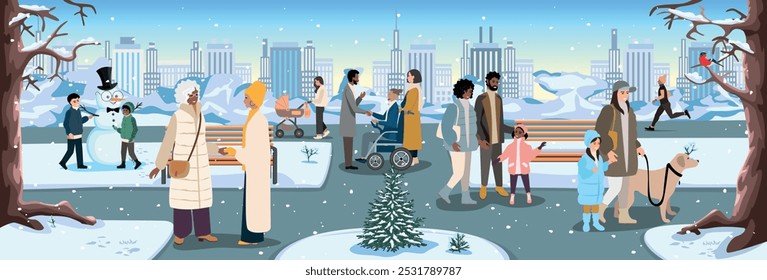 People of different ages and nationalities walk in the winter park. Families with children, elderly and young couples, friends spend time together. Vector horizontal illustration.