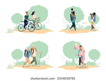 People of different ages and nationalities walk in the park. Families with children, elderly and young couples, friends spend time together. Set of vector horizontal illustrations.