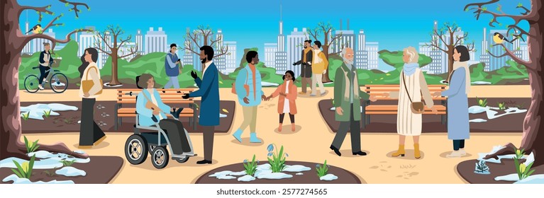 People of different ages and nationalities walk in the spring city park. Families with children, elderly and young couples, friends spend time together. Vector horizontal illustration.