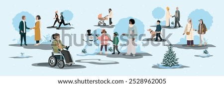 People of different ages and nationalities walk in the winter park. Families with children, elderly and young couples, friends spend time together. Vector horizontal illustration.