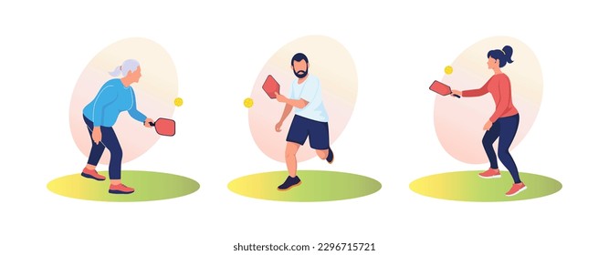 People of different ages play pickleball. Athlete, human figure with racket and ball. Outdoor sports. Summer sports. Active pickleball game for whole family. Active old age. Vector illustration