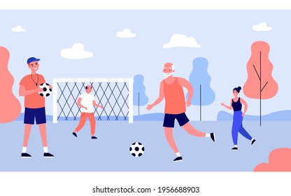 People of different ages playing football with coach. Flat vector illustration. Cartoon men and woman running and playing football on field. Healthy lifestyle, sport activity, training concept